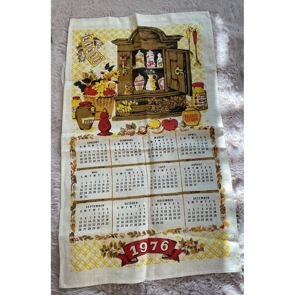 Vintage 1976 Calendar Tapestry/Towel Country Style Kitchen Cabinet with Spices